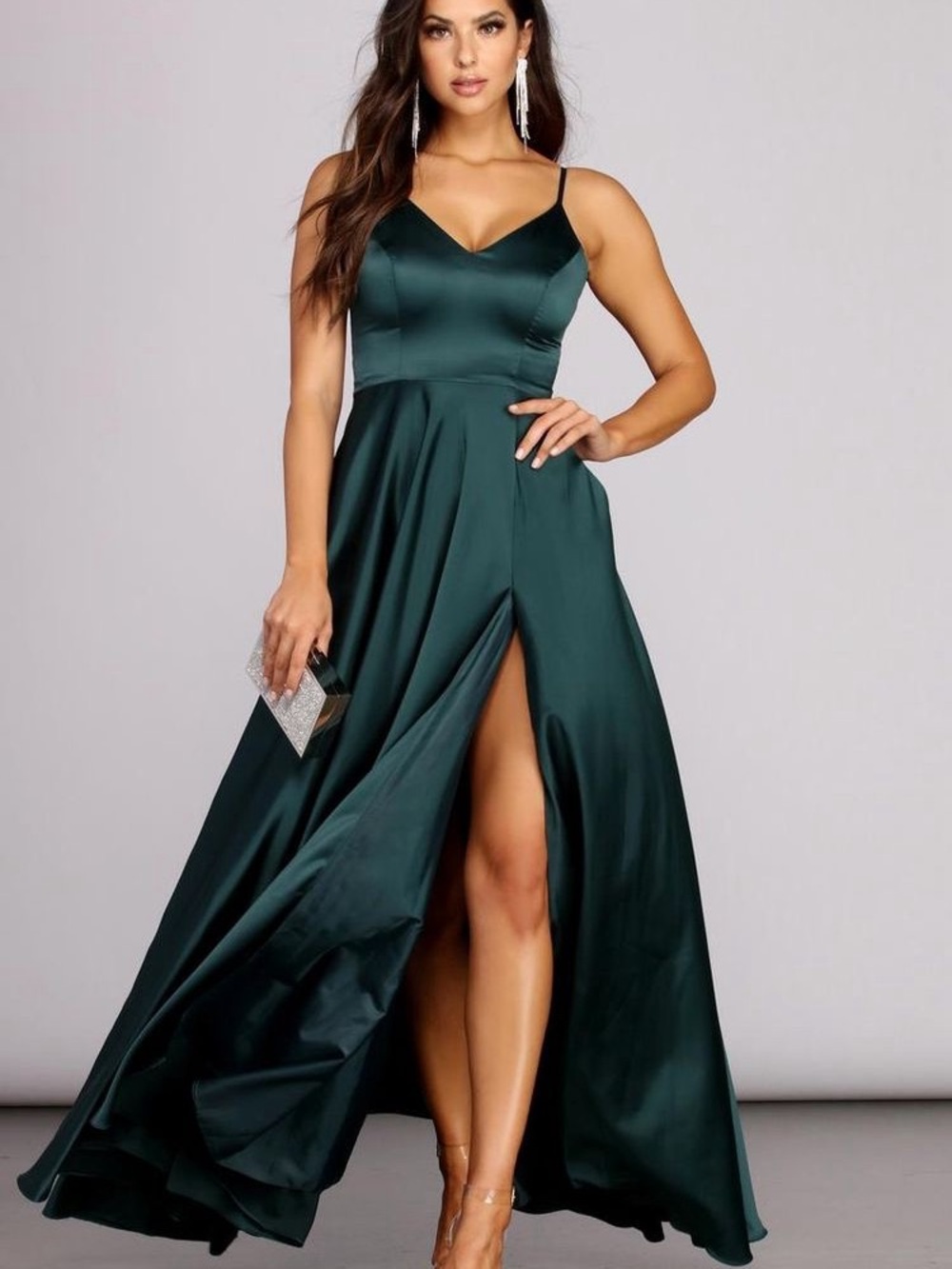 Windsor Emerald Green Satin V-Neck Dress with High Slit